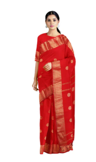 🌹 Crimson Elegance Cotton Saree with Traditional Zari Work &amp; Polka Dots 🌹